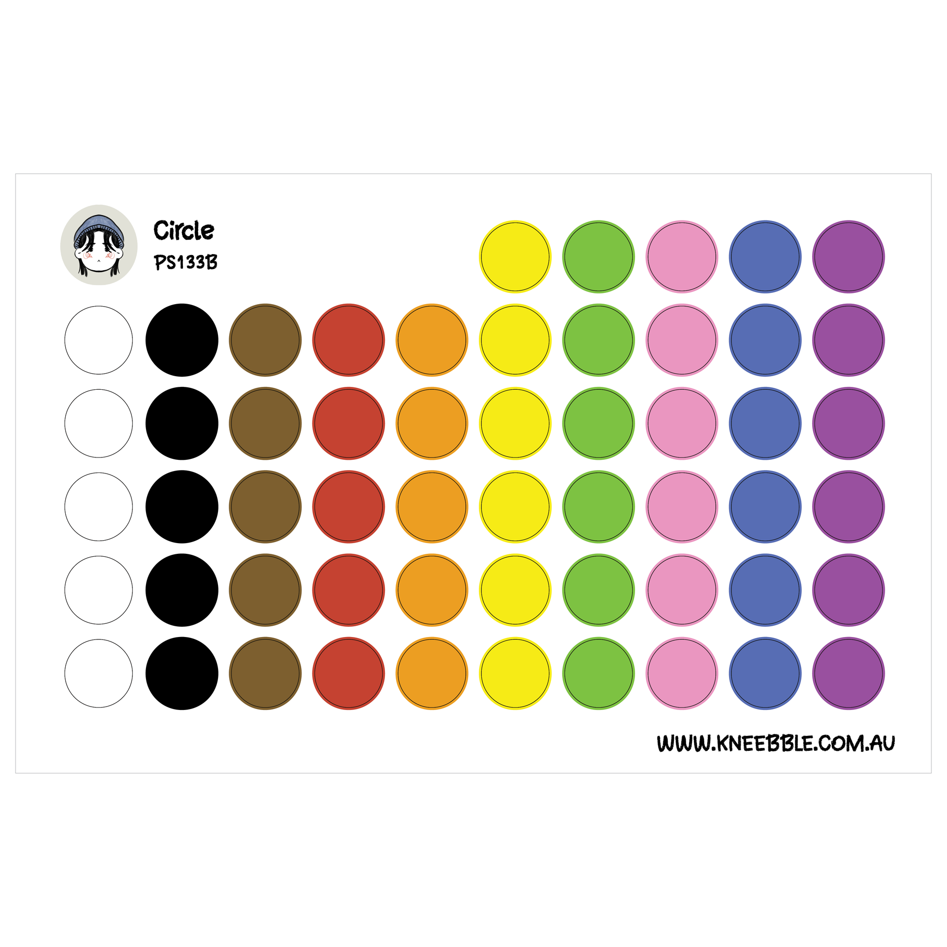 The image is a colorful arrangement of circles in various sizes and colors, including black, brown, orange, yellow, green, blue, purple, and white.