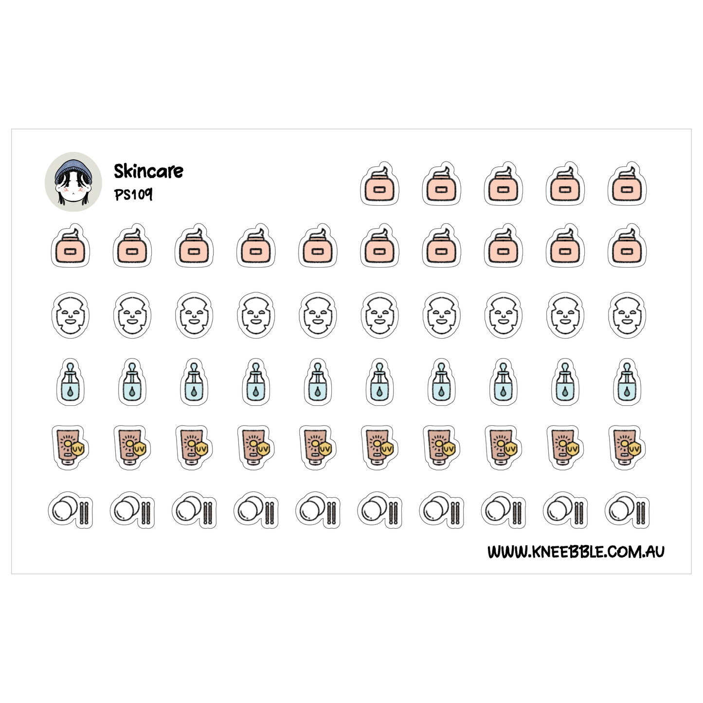 a grid of various skincare-related icons and products, including soap, bottles, and other skincare items.