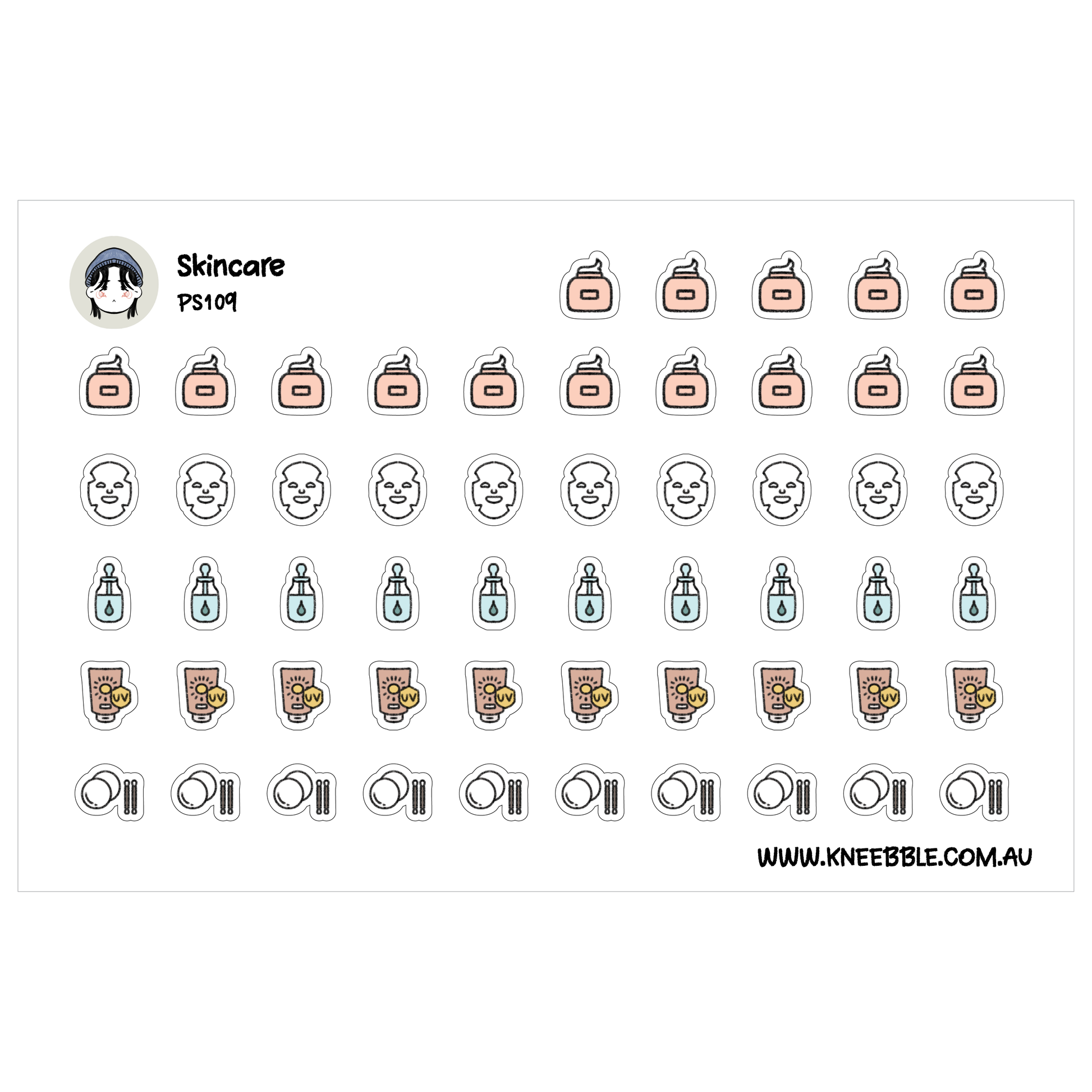 a grid of various skincare-related icons and products, including soap, bottles, and other skincare items.