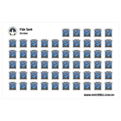 a grid of identical blue fish tank stickers, each featuring a fish and aquatic plants.