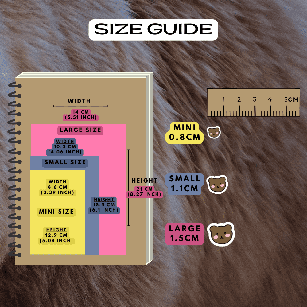 Bear animal head planner stickers size guide comparison reference sheet.