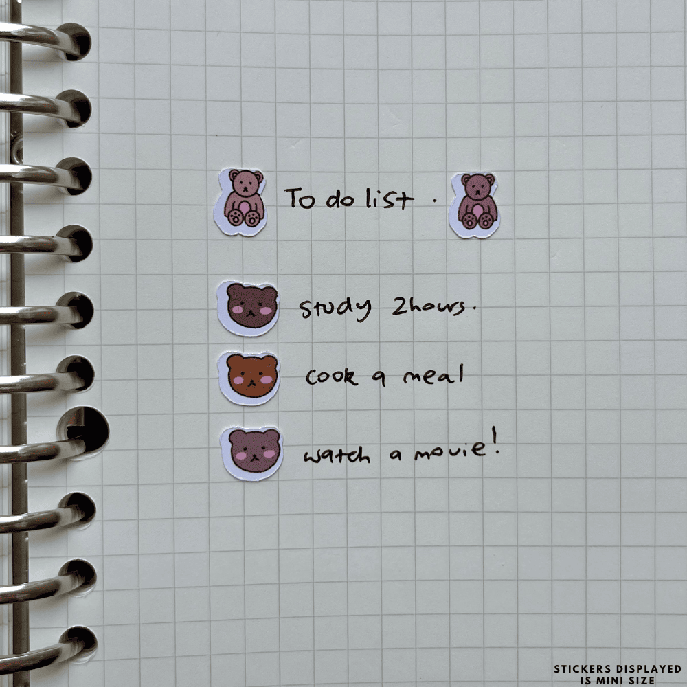 Adorable teddy bear-themed planner stickers featuring cute bears in various poses and styles. Perfect for adding a cozy, playful touch to your journals, calendars, or crafts. Great for teddy bear lovers, kids, and anyone who enjoys whimsical and heart-warming designs in their daily planning.