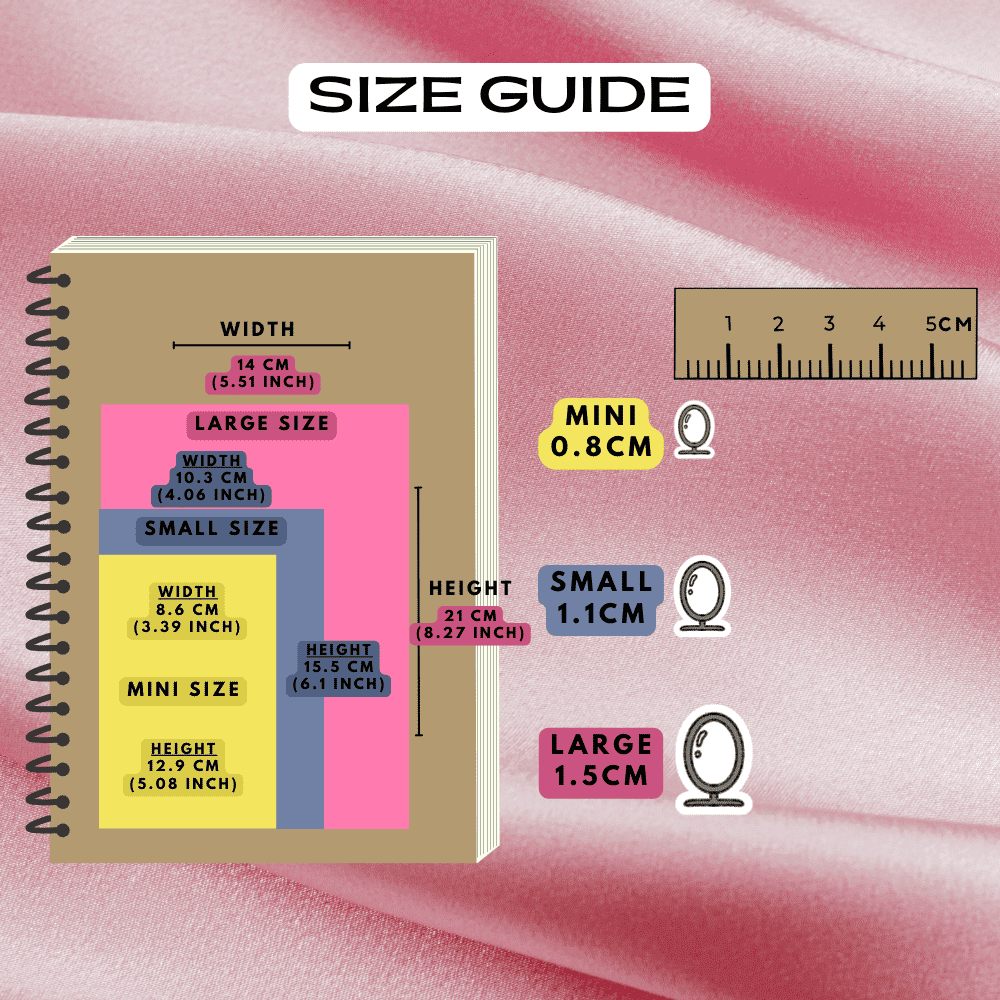 Vanity mirror makeup sticker size guide comparison reference sheet, choose from mini, small and large sizes.