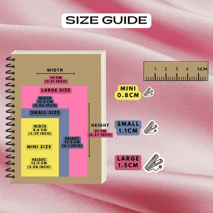 Hair straightener flat iron stickers size guide comparison reference sheet, choose from mini, small and large sizes.