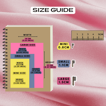 Hair brush comb sticker size guide comparison reference sheet, choose from mini, small and large sizes.