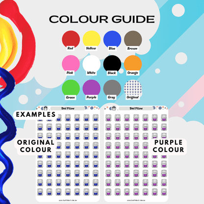 Sleeping night sticker sheet bed pillow colour guide reference including colours like blue and purple.