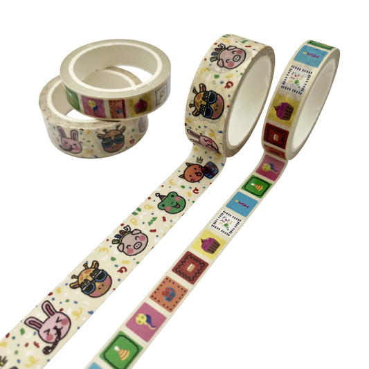 Two birthday washi tape designs displayed as rolls and unrolled strips with cartoon party animals and colourful party icons.