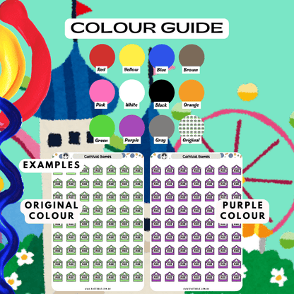 Blue green carnival game sticker sheet colour guide, choose from different colour options such as red and purple.