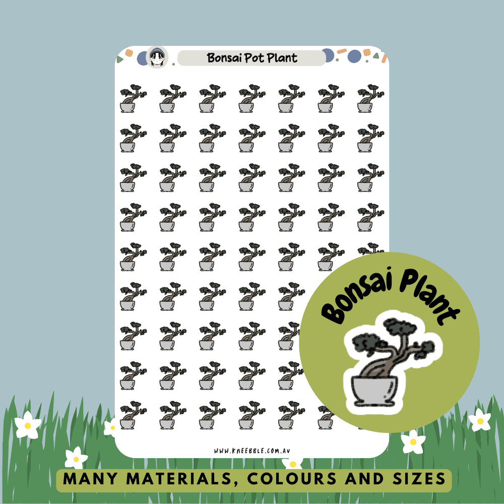 Stickers featuring a potted bonsai tree, showcasing the delicate and artful design of this miniature plant, perfect for adding a touch of nature and zen to planners, journals, or home decor.