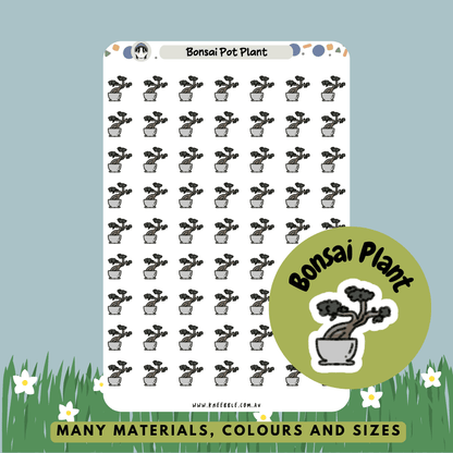 Stickers featuring a potted bonsai tree, showcasing the delicate and artful design of this miniature plant, perfect for adding a touch of nature and zen to planners, journals, or home decor.