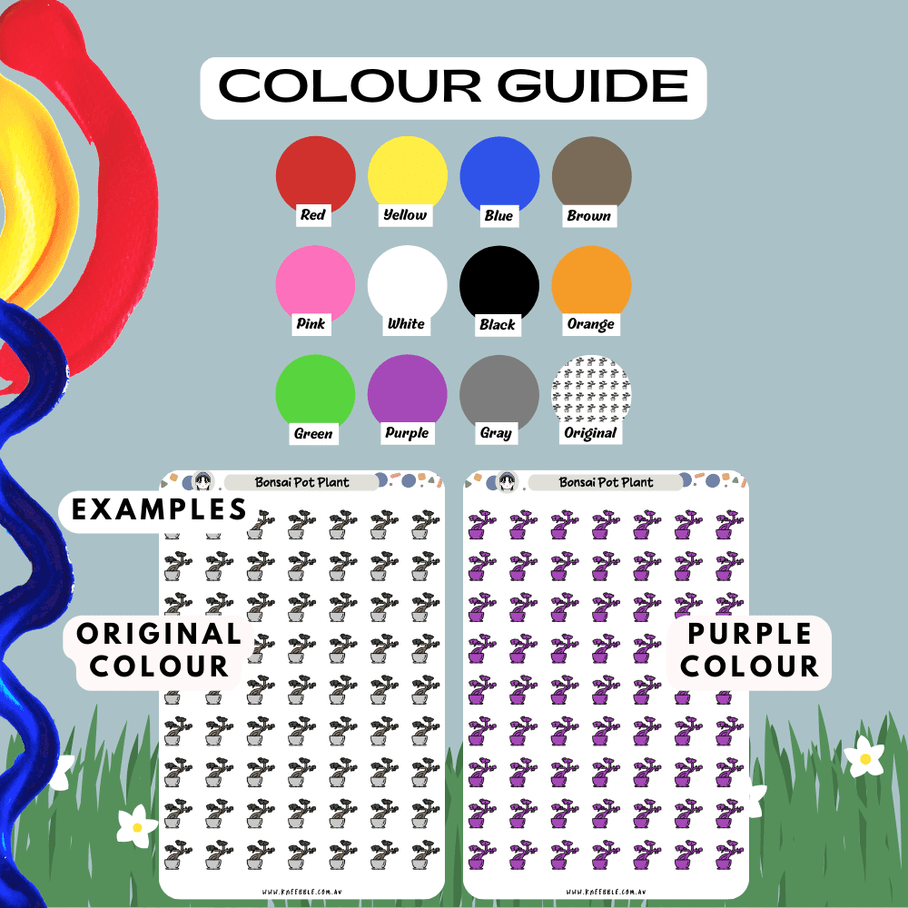 Bonsai pot plant sticker sheet colour guide reference, choose from many colours such as red and purple.