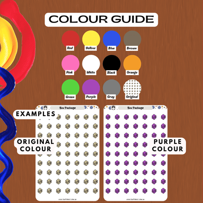 Brown box package sticker sheet colour guide options including purple, white and more!