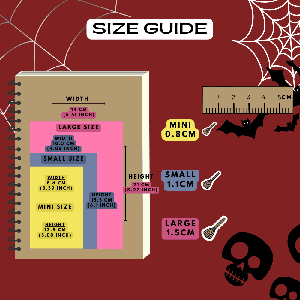 Magic broom stick sticker icon size guide comparison reference sheet, choose from mini, small and large sizes.