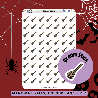 Stickers featuring broomstick designs, often associated with witches, perfect for adding a magical and spooky touch to Halloween-themed planners and journals.