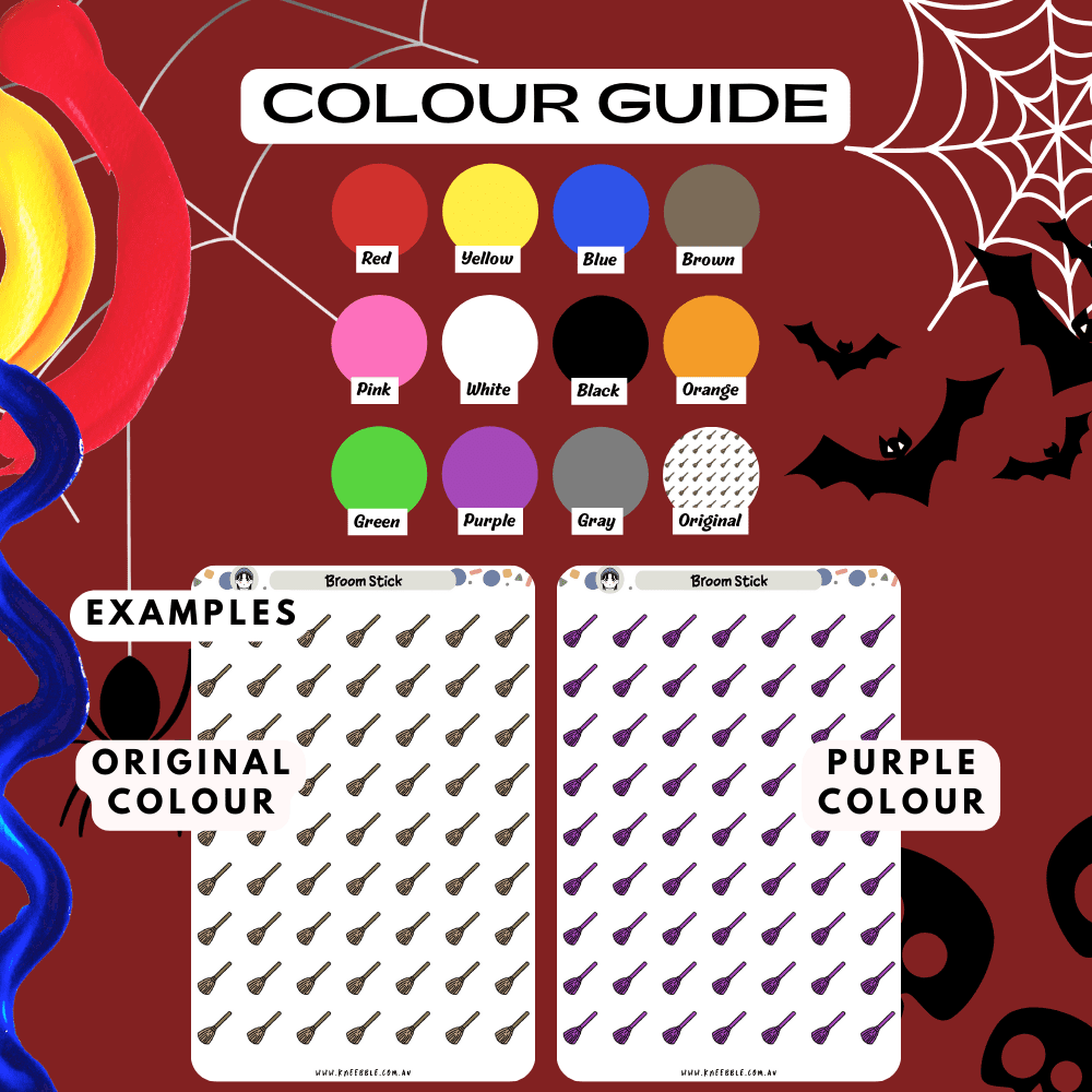 Broom stick planner sticker sheet colour guide reference, choose from many colours such as red and purple.