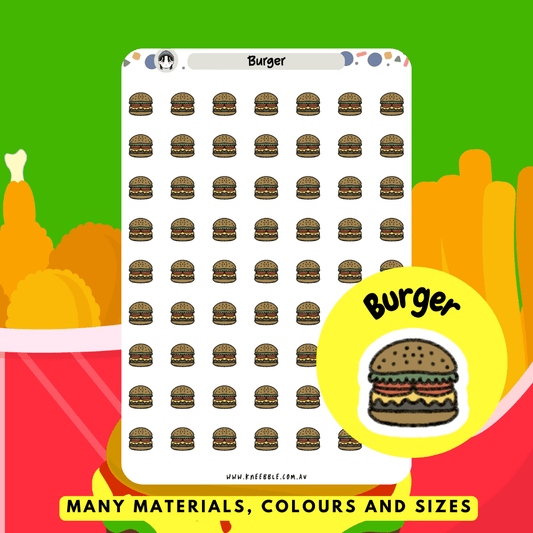 Stickers featuring juicy burgers with all the fixings, perfect for adding a fun and tasty element to meal planning, cheat days, or decorating planners and journals.