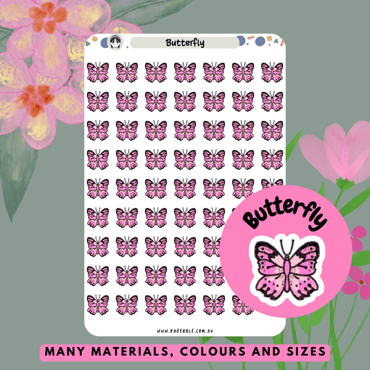 Delicate and colorful butterfly planner stickers featuring various butterfly designs, perfect for adding a whimsical and nature-inspired touch to planners, journals, or scrapbooks.