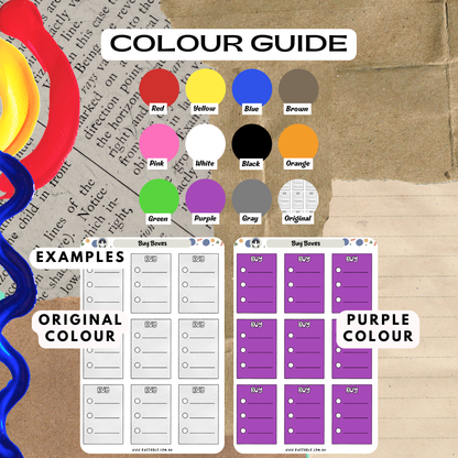 Buy boxes planner sticker sheet colour guide example, choose from different colours such as red and purple.