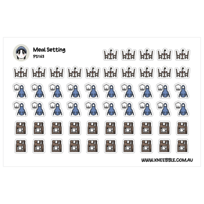 a collection of various icons and symbols related to meal setting, including a person, a plate, a bowl, a fork, a knife, and a spoon. The icons are arranged in rows and columns, creating a visually organized and structured composition.