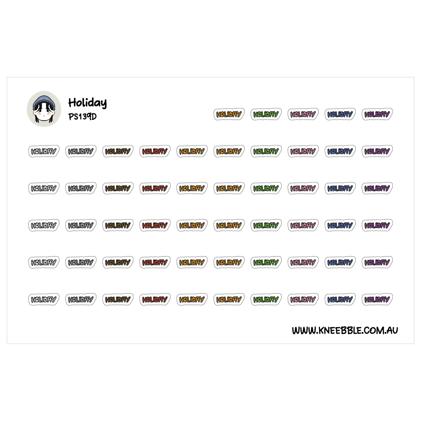 a grid of stickers with the word "HOLIDAY" repeated in various colors and orientations.