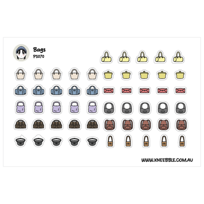 a collection of various bags and accessories, including handbags, backpacks, and other types of bags, arranged in rows and columns.