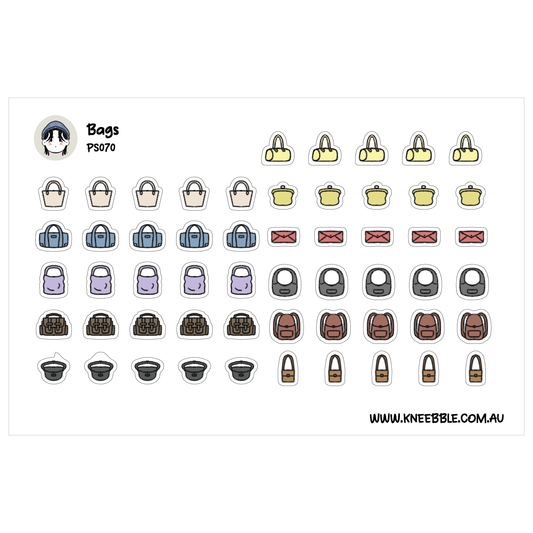 a collection of various bags and accessories, including handbags, backpacks, and other types of bags, arranged in rows and columns.