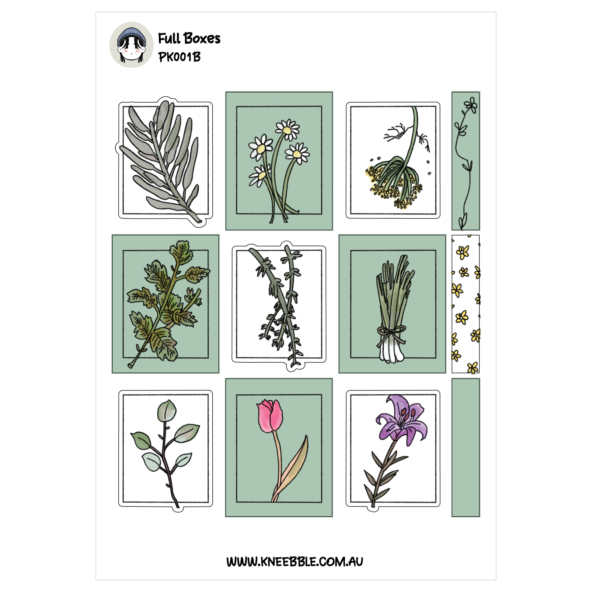 nine different illustrations of various plants and flowers, including leaves, flowers, and stems, arranged in a grid-like pattern.
