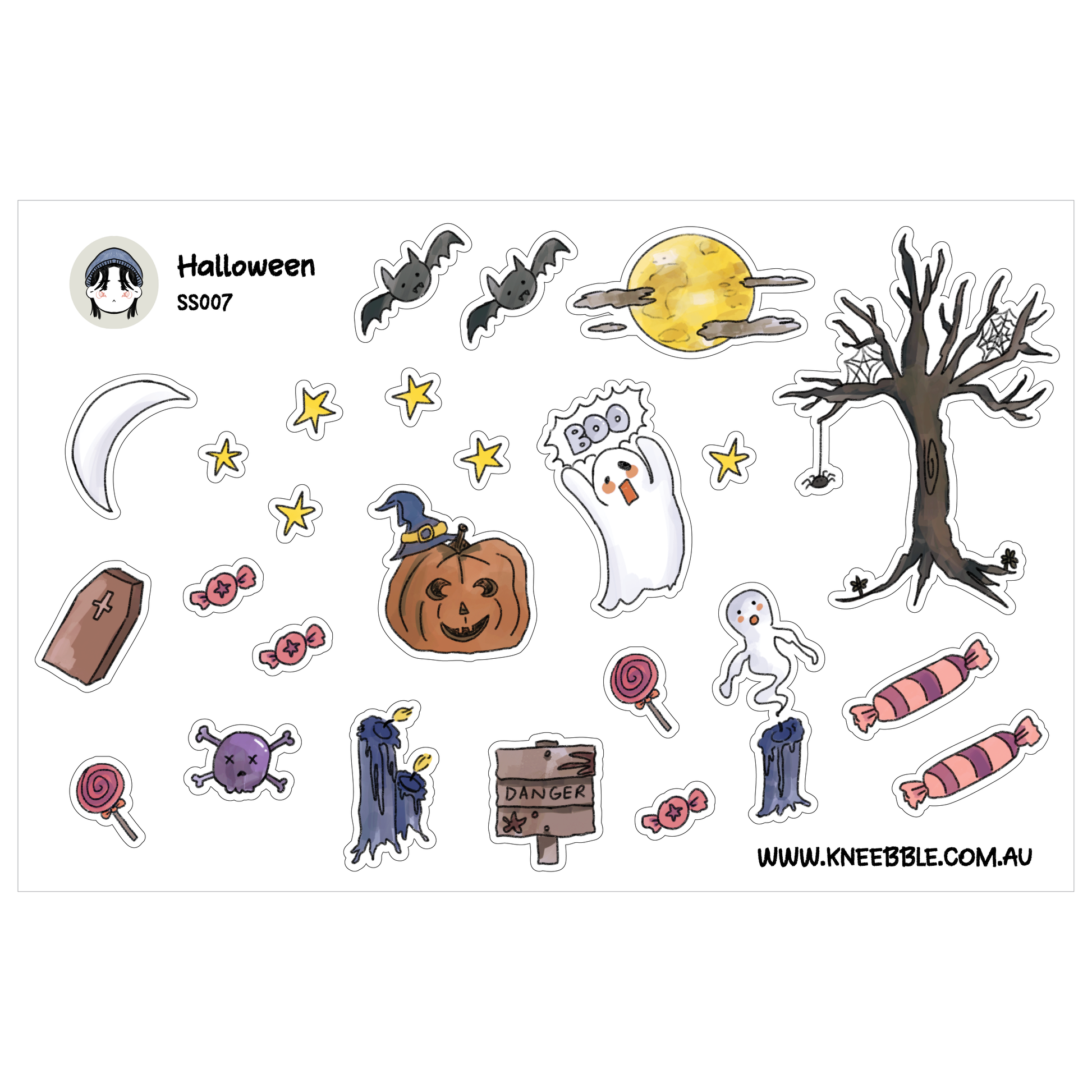various Halloween-themed stickers, including a pumpkin, bats, a full moon, a spider web, a tree, a ghost, a skeleton, a sign, and candy.