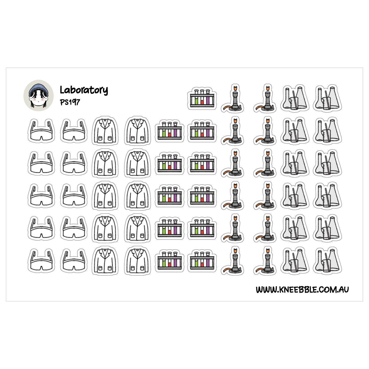 a collection of icons and illustrations related to a laboratory setting, including various laboratory equipment and clothing items.