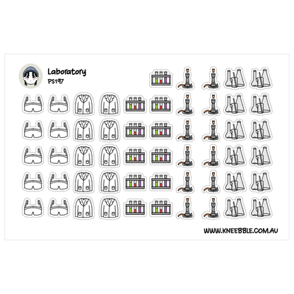 a collection of icons and illustrations related to a laboratory setting, including various laboratory equipment and clothing items.