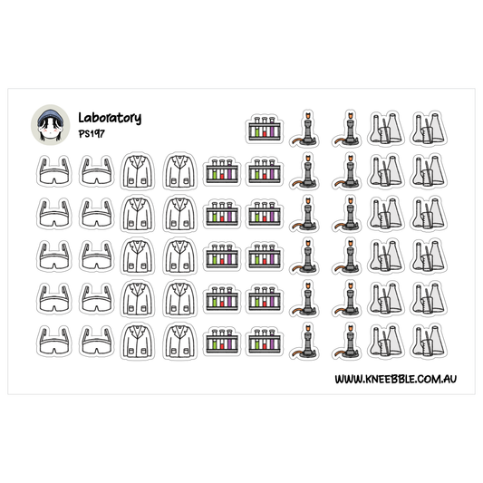 a collection of icons and illustrations related to a laboratory setting, including various laboratory equipment and clothing items.