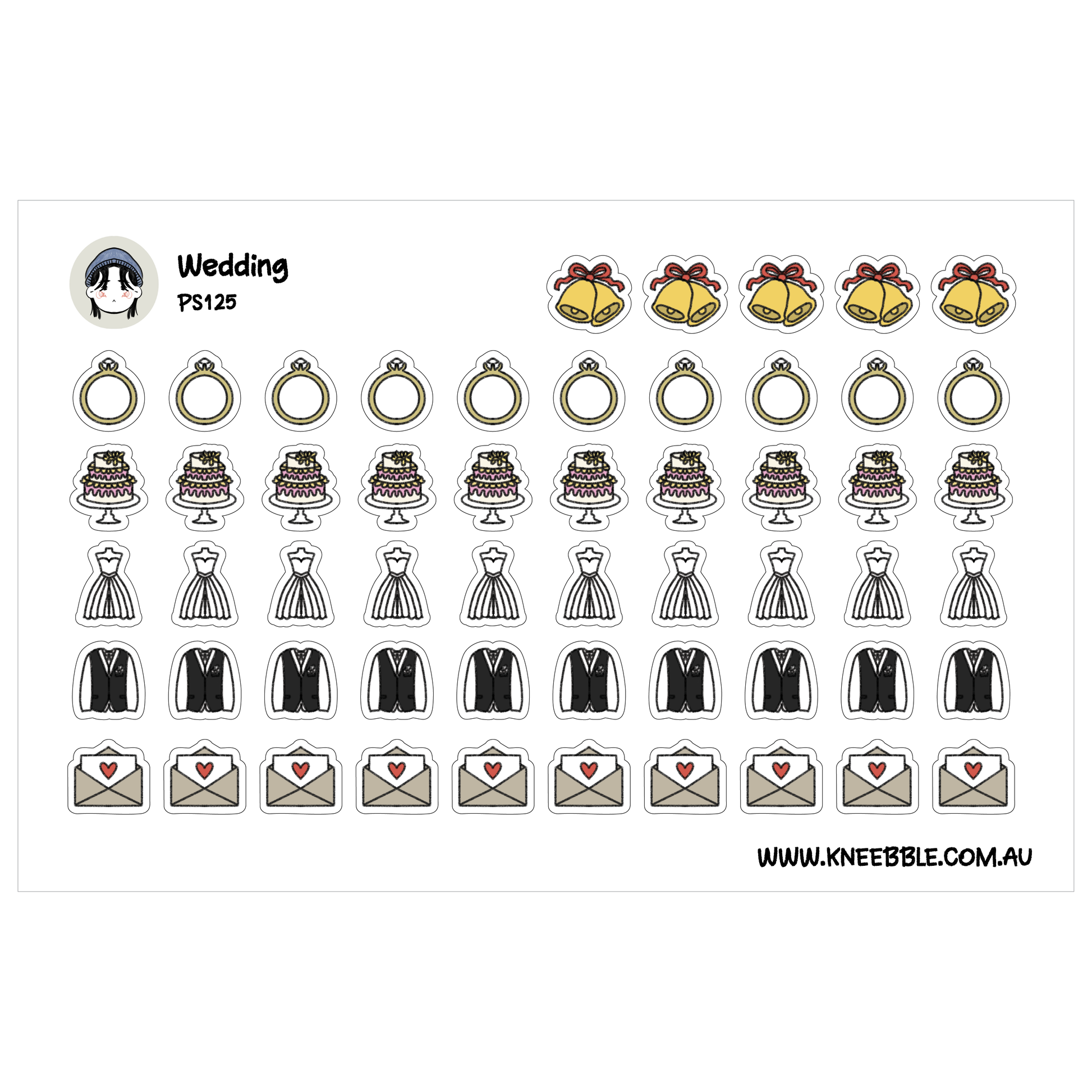 a collection of wedding-related icons and symbols, including rings, bells, dresses, and envelopes, arranged in rows.