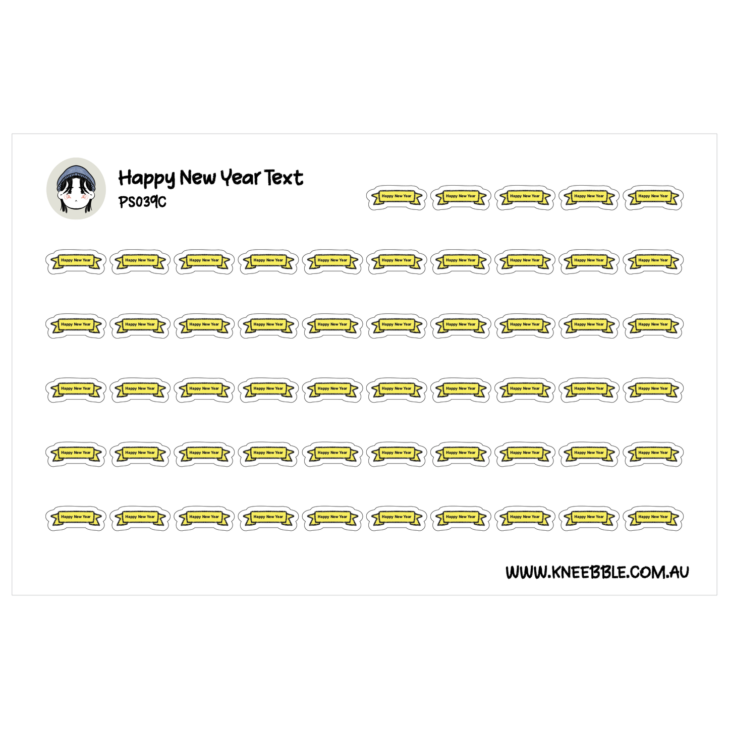 a collection of yellow and white stickers with the text "Happy New Year" printed on them.