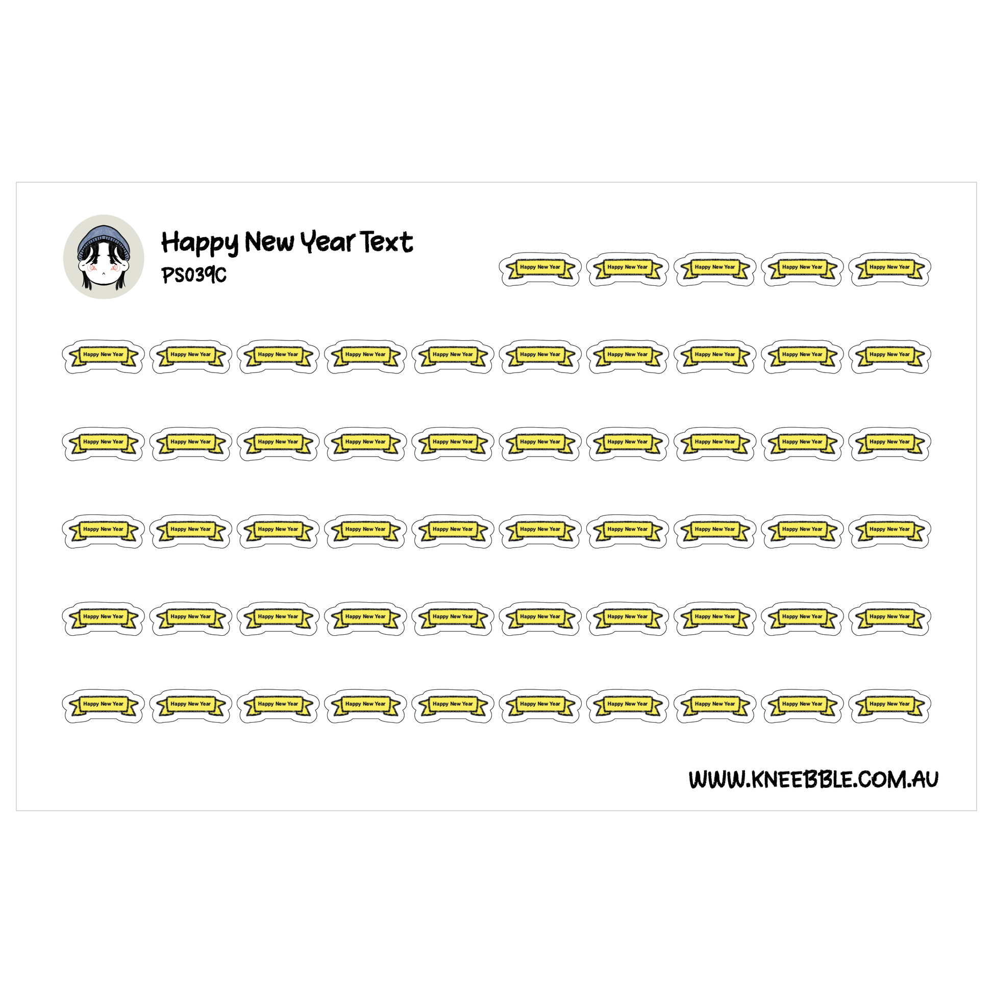 a collection of yellow and white stickers with the text "Happy New Year" printed on them.