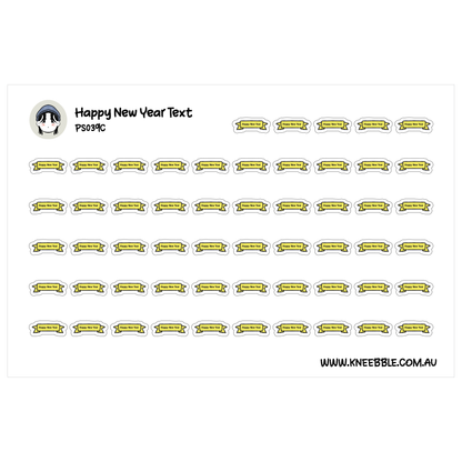 a collection of yellow and white stickers with the text "Happy New Year" printed on them.