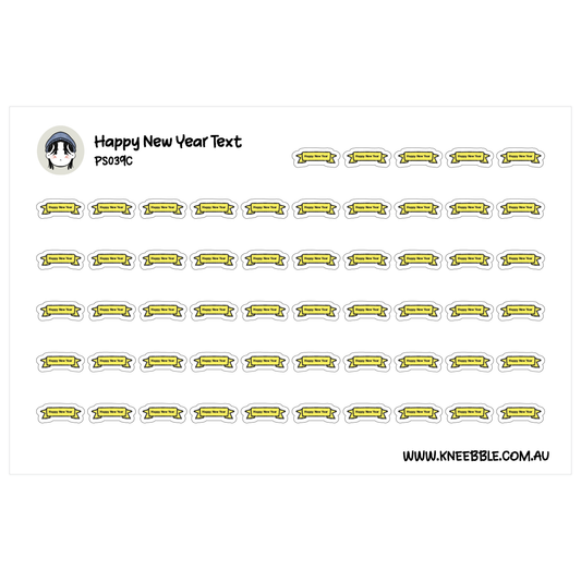 a collection of yellow and white stickers with the text "Happy New Year" printed on them.