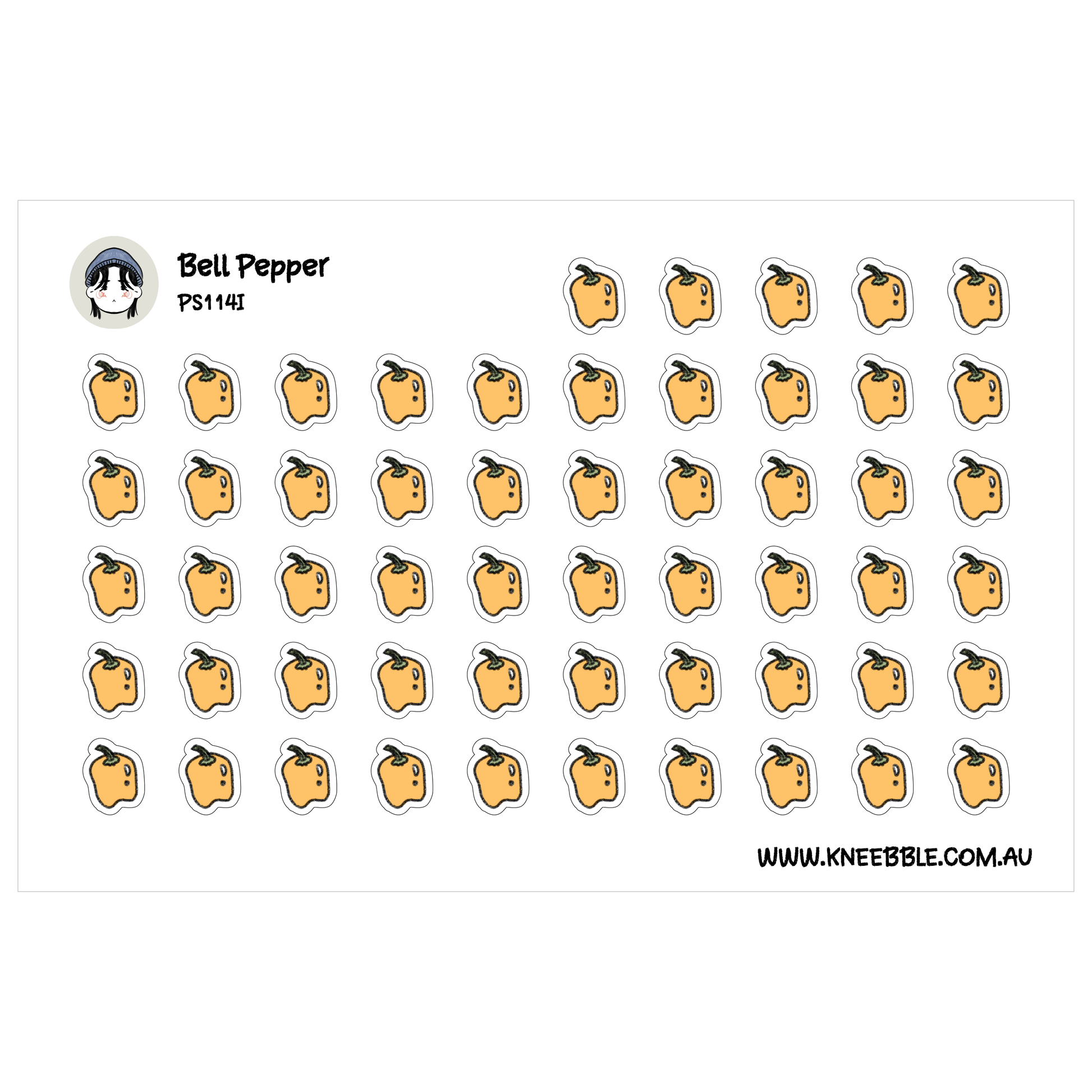 a grid of small, identical yellow apple stickers arranged in a repeating pattern.