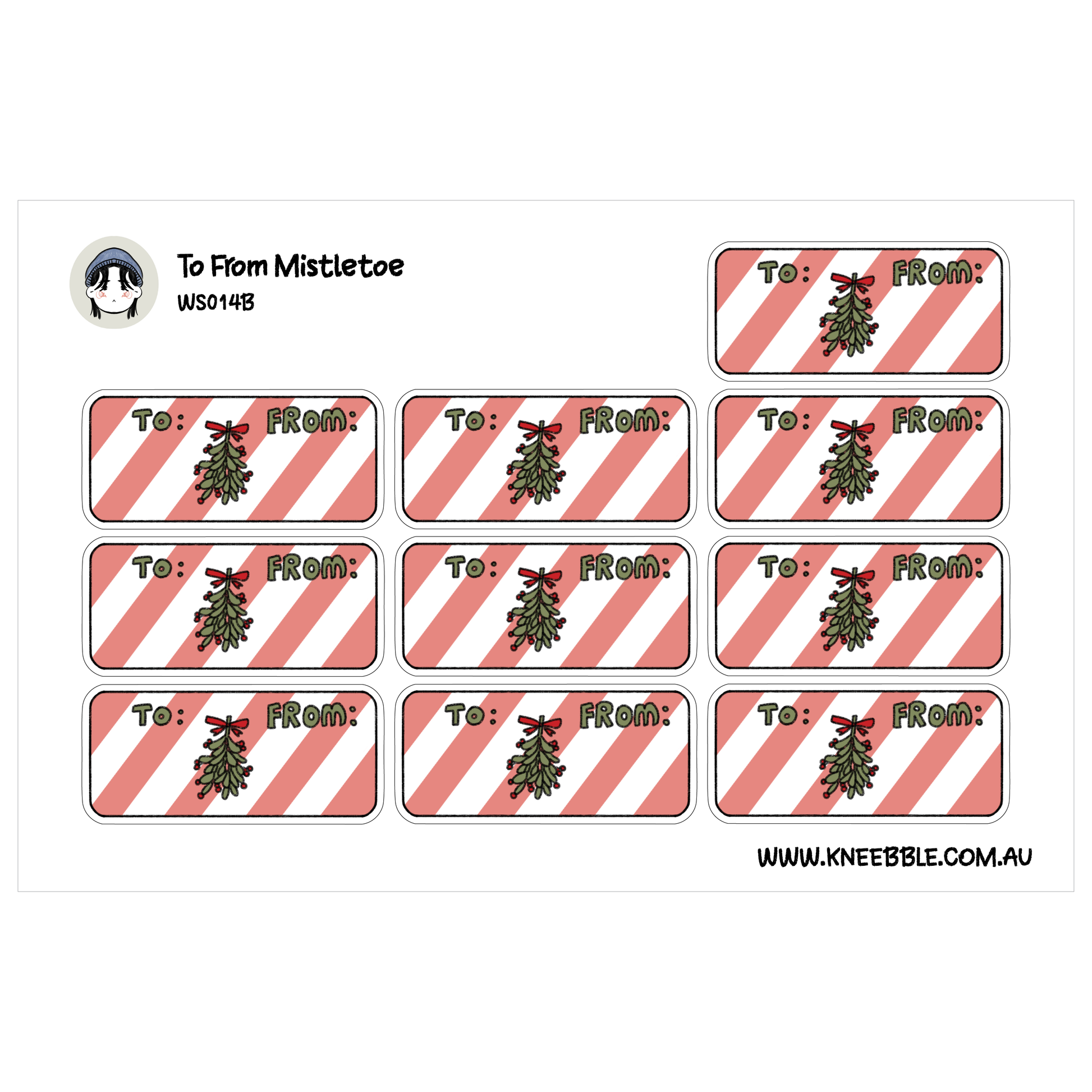 a collection of red and white striped gift tags with Christmas-themed illustrations, including a mistletoe and a bow.