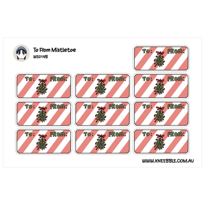 a collection of red and white striped gift tags with Christmas-themed illustrations, including a mistletoe and a bow.