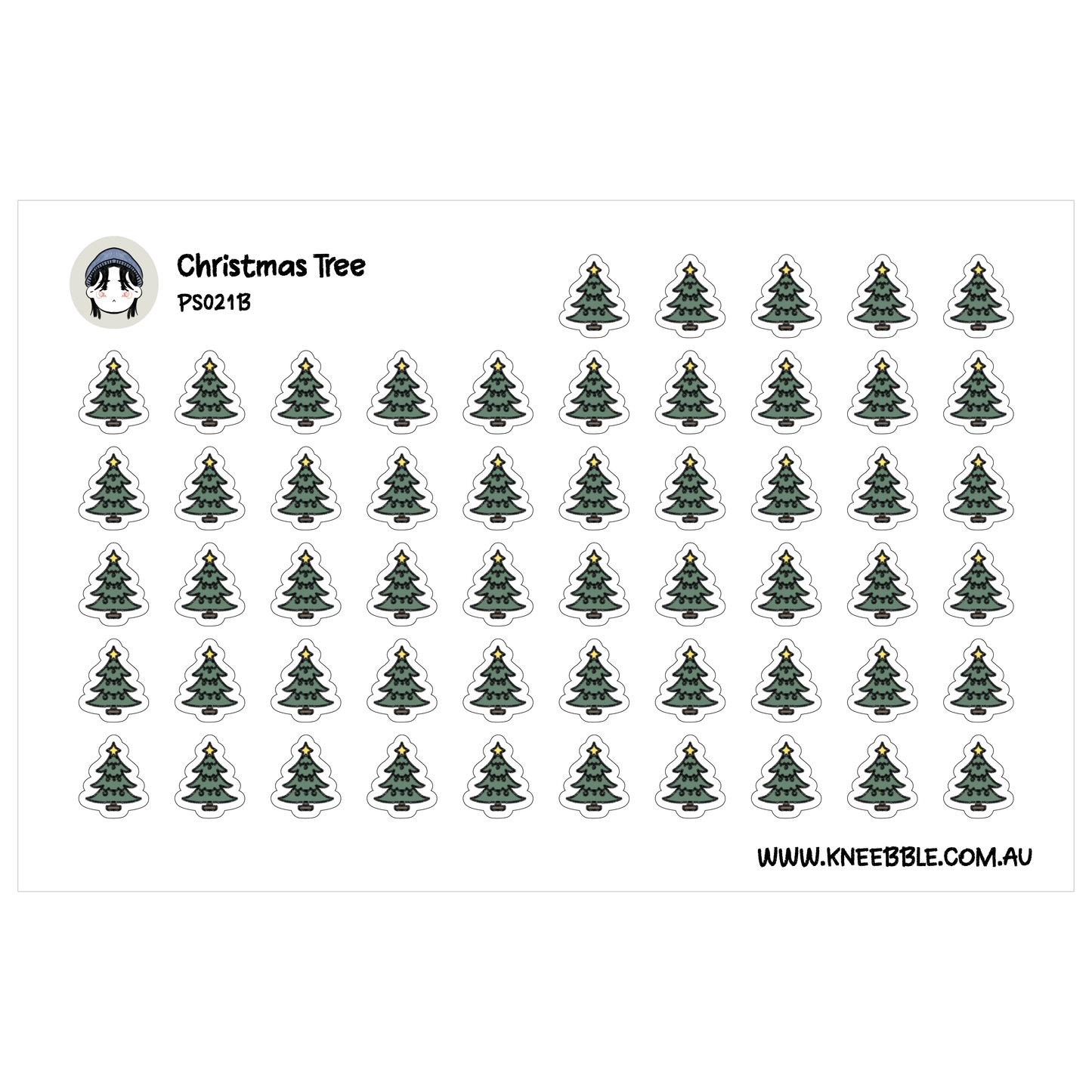a grid of small Christmas tree stickers arranged in rows and columns.