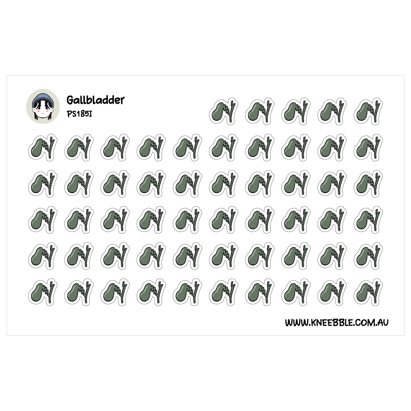 a grid of green stickers with various shapes and designs, including a character resembling a gallbladder.