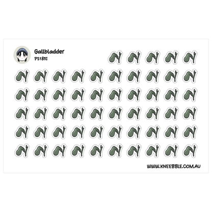 a grid of green stickers with various shapes and designs, including a character resembling a gallbladder.