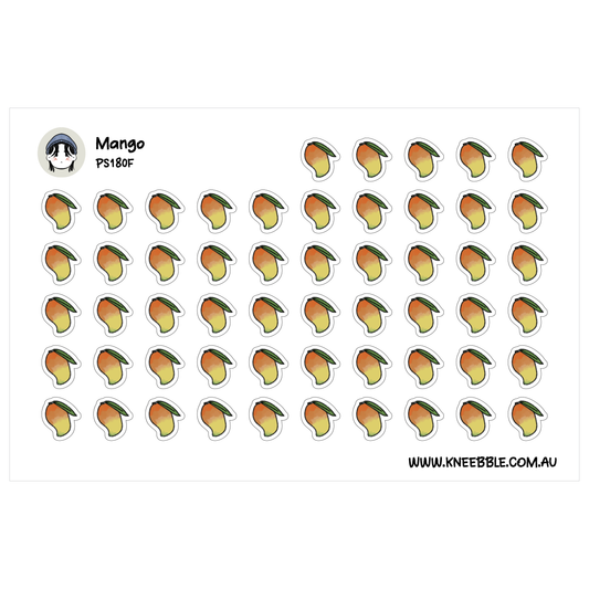 a grid of small, colorful stickers depicting mangoes.