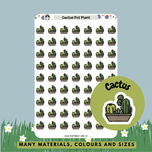 Stickers featuring a potted cactus plant, showcasing the spiky, resilient nature of this desert plant, perfect for adding a touch of greenery and southwestern charm to planners, journals, or home decor.