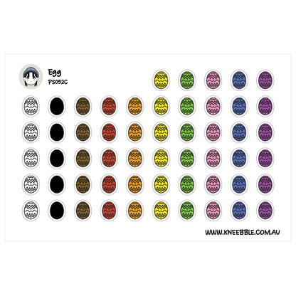 a grid of colorful Easter eggs, each with a unique pattern and color. The eggs are arranged in rows and columns, creating a visually appealing and organized display.