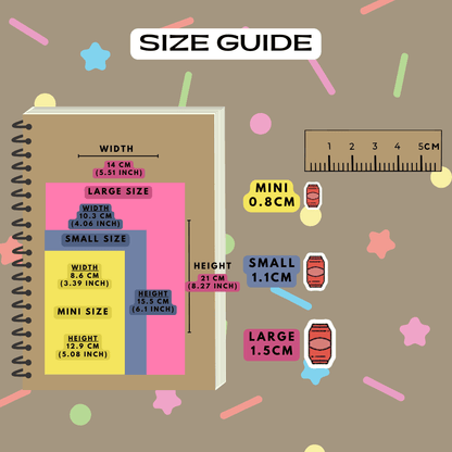 Soft drink can icon stickers size guide comparison reference sheet. Choose from mini, small and large sizes.