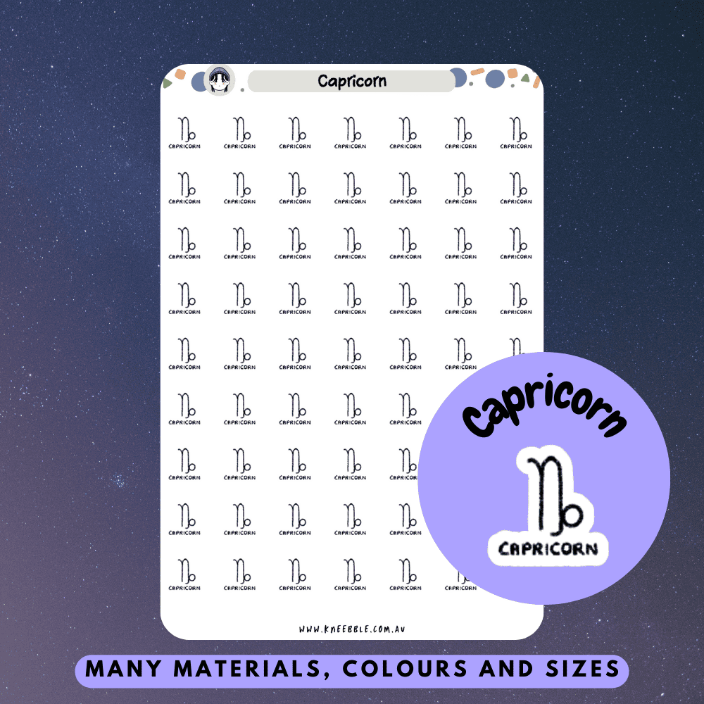 Capricorn-themed planner stickers featuring the goat symbol and earthy celestial elements.