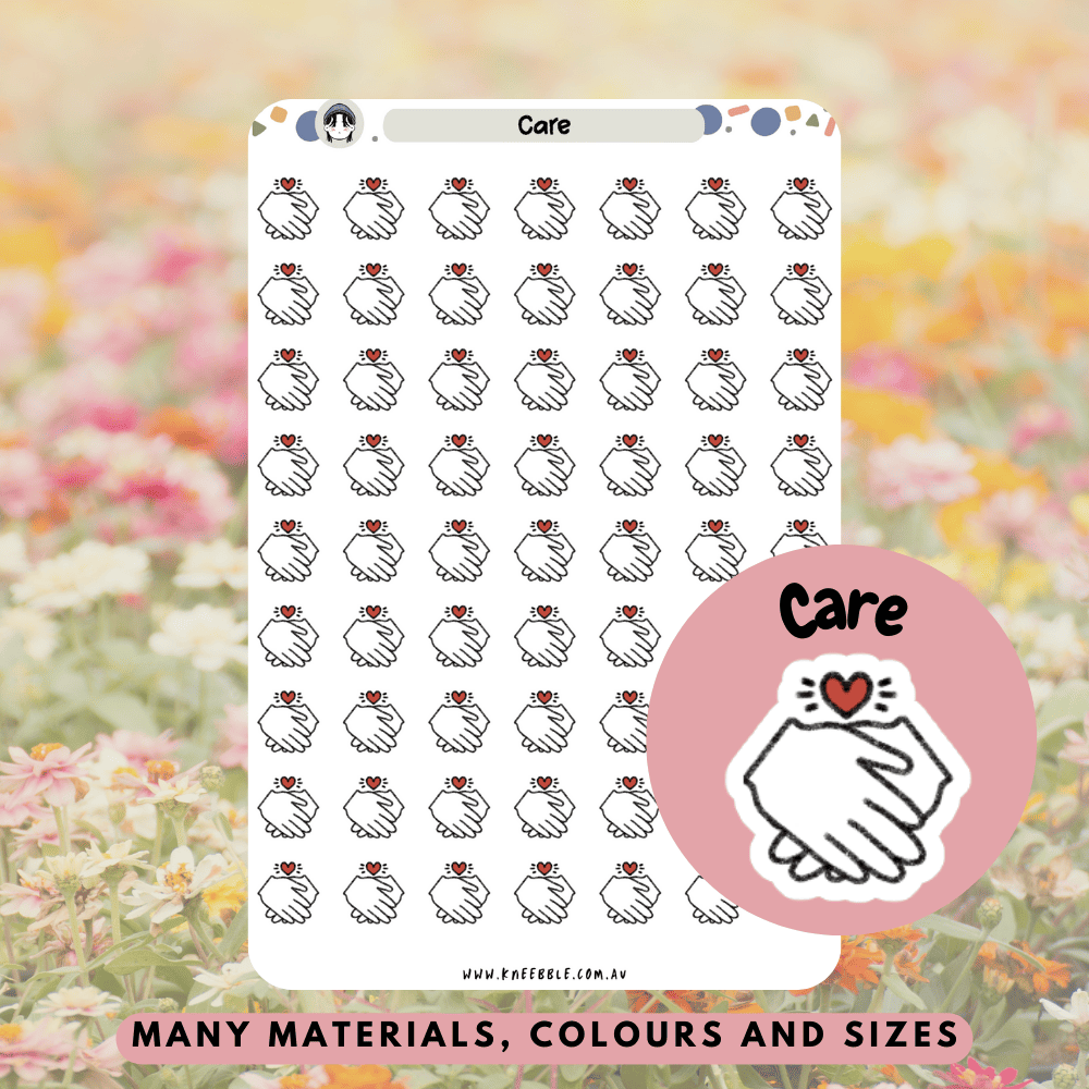 Planner stickers designed for tracking care routines like self-care, mental health, and caregiving responsibilities.