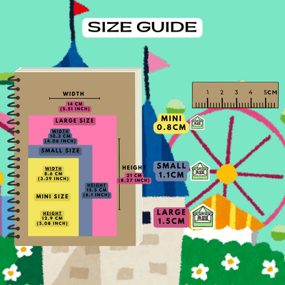 Carnival booth planner stickers icon size guide comparison reference.