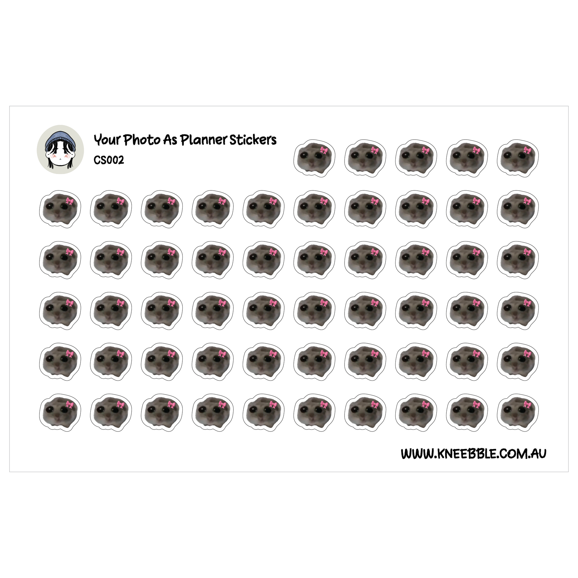 a grid of stickers with black and white images of pugs, arranged in a repeating pattern.